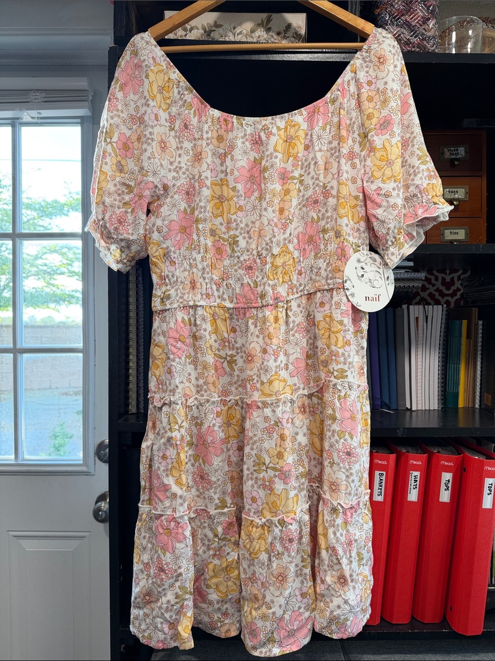 NAIF Pink and Yellow Floral Tiered Midi Dress